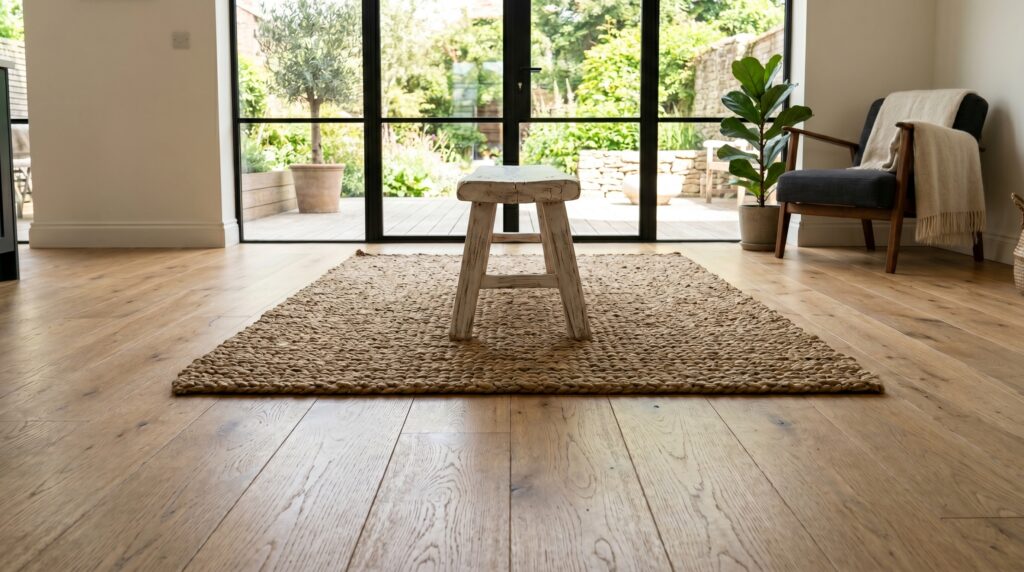 Small rustic wooden bench on a woven jute rug in a modern farmhouse room with wide plank oak floors and garden doors.