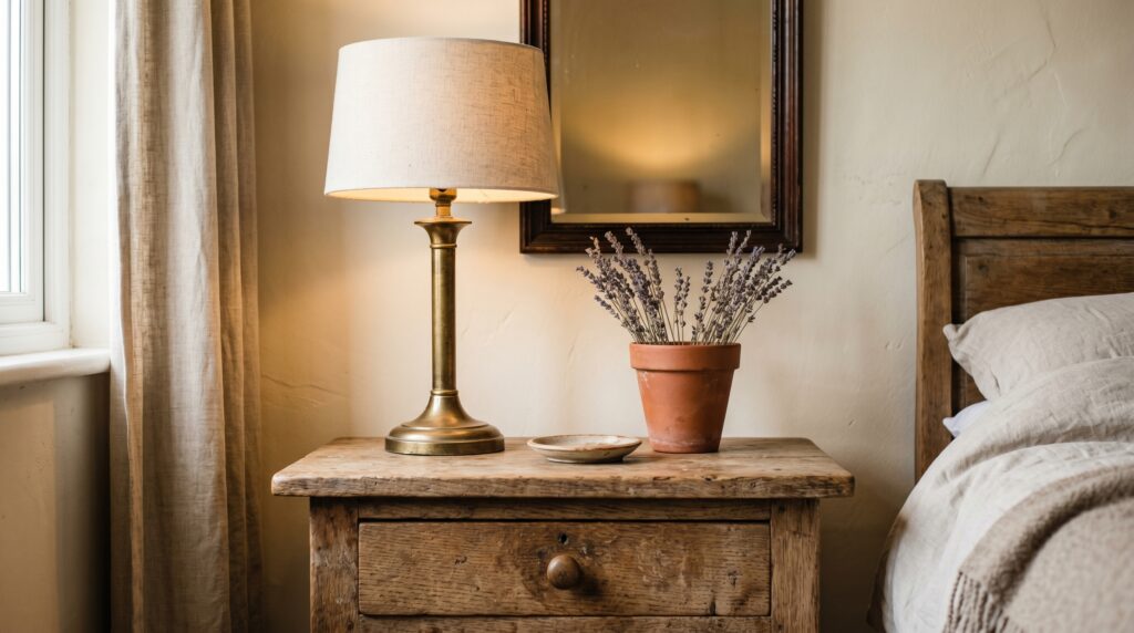 Reclaimed wood nightstand with a vintage brass lamp and potted dried lavender next to a linen-dressed bed.