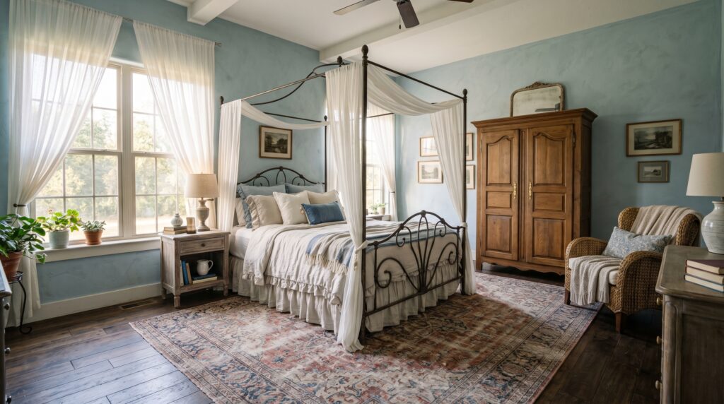 Rustic wrought iron canopy bed with white linens in a light blue farmhouse bedroom with a vintage rug and wood armoire.
