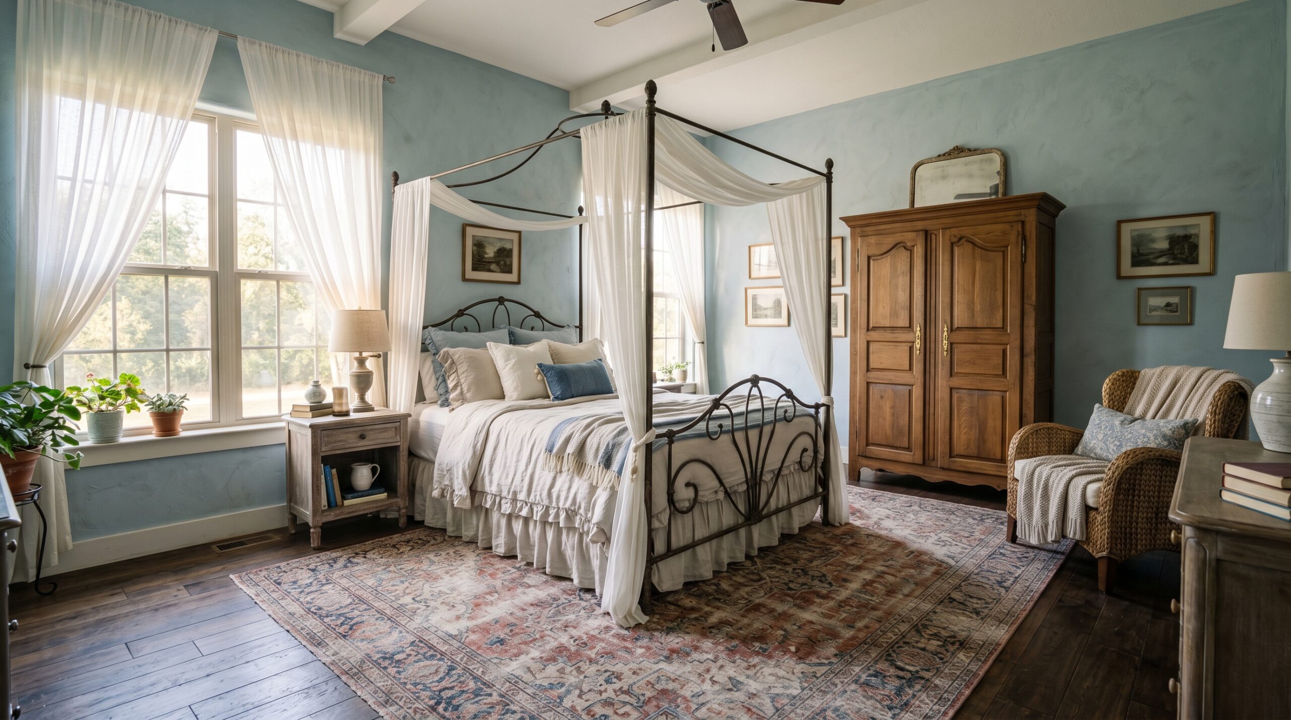 Rustic wrought iron canopy bed with white linens in a light blue farmhouse bedroom with a vintage rug and wood armoire.