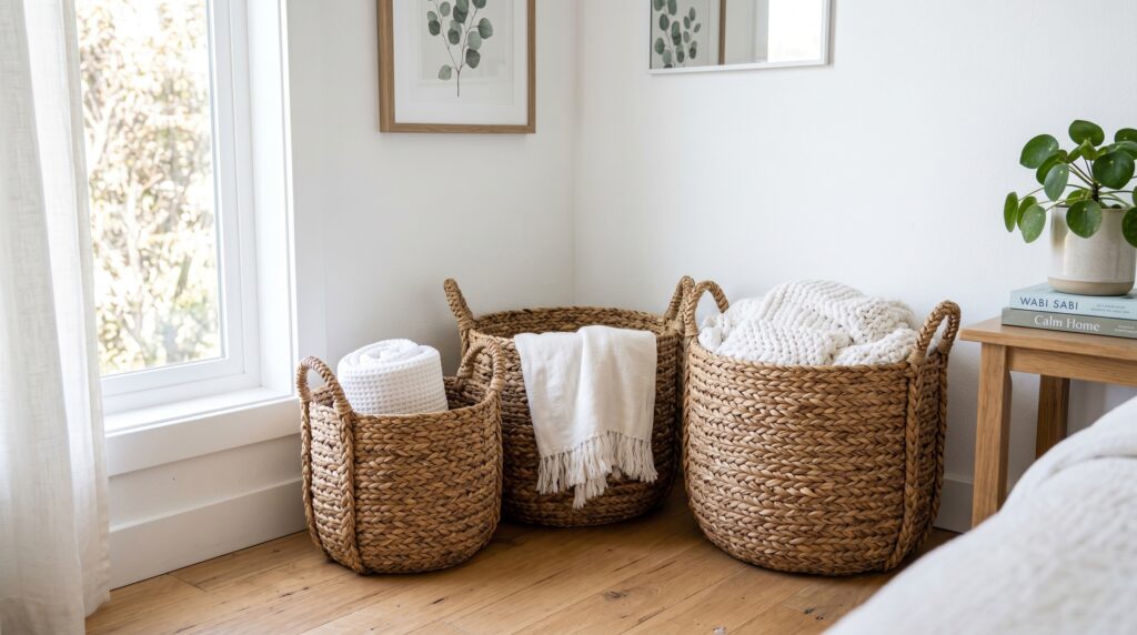Natural bohemian seagrass baskets used as woven storage for white blankets in an organized bedroom corner.
