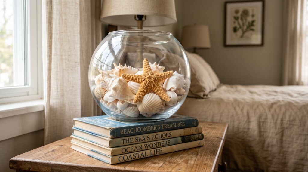 Glass bowl filled with white seashells and starfish on a stack of vintage coastal books in a beach house bedroom.