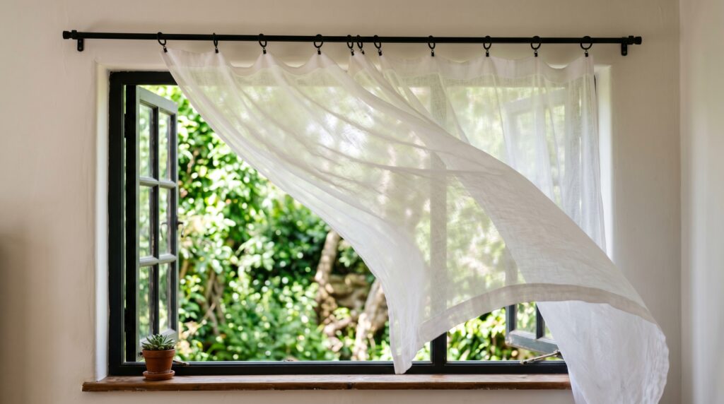 Soft airy white sheer linen curtains blowing in the breeze at an open window for summer home styling.