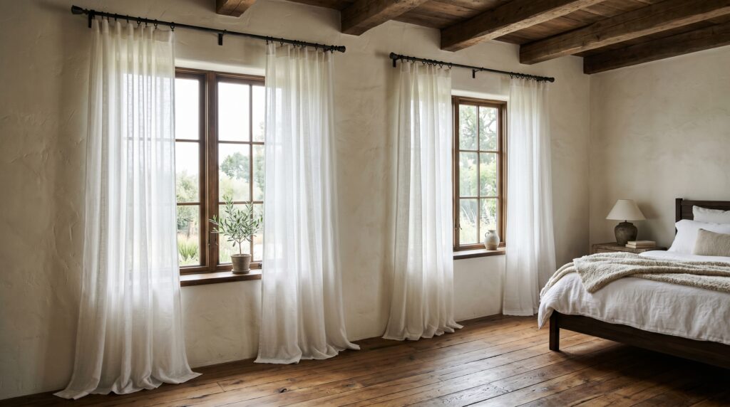 Sheer white linen curtains hanging from black metal rods in a rustic bedroom with plaster walls and exposed wooden beams.