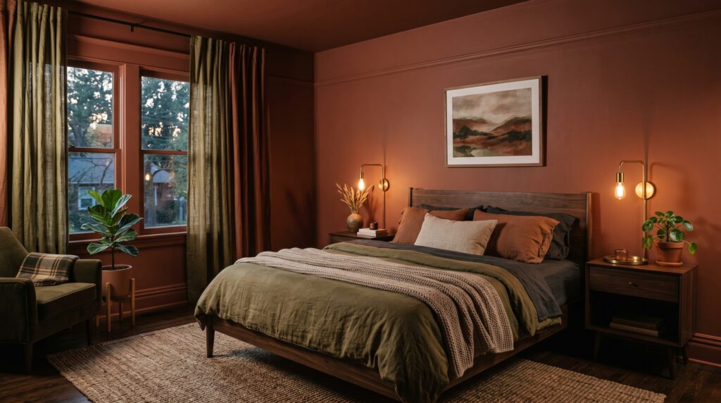 Cozy bohemian bedroom featuring warm terracotta walls, olive green bedding, brass sconces, and a green velvet armchair.