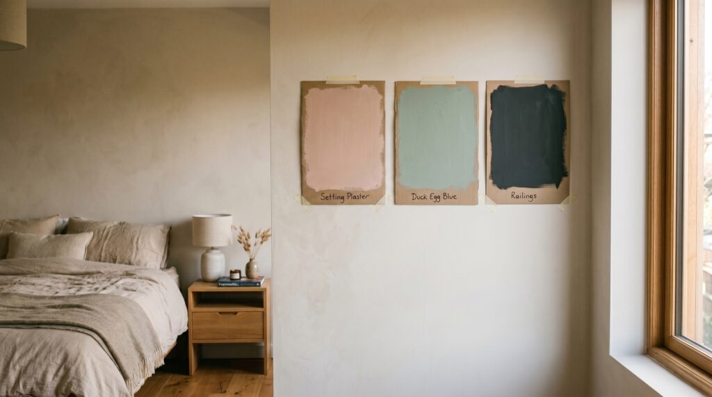 Three painted swatches taped to a wall in a neutral minimalist bedroom testing Setting Plaster, Duck Egg Blue, and Railings.