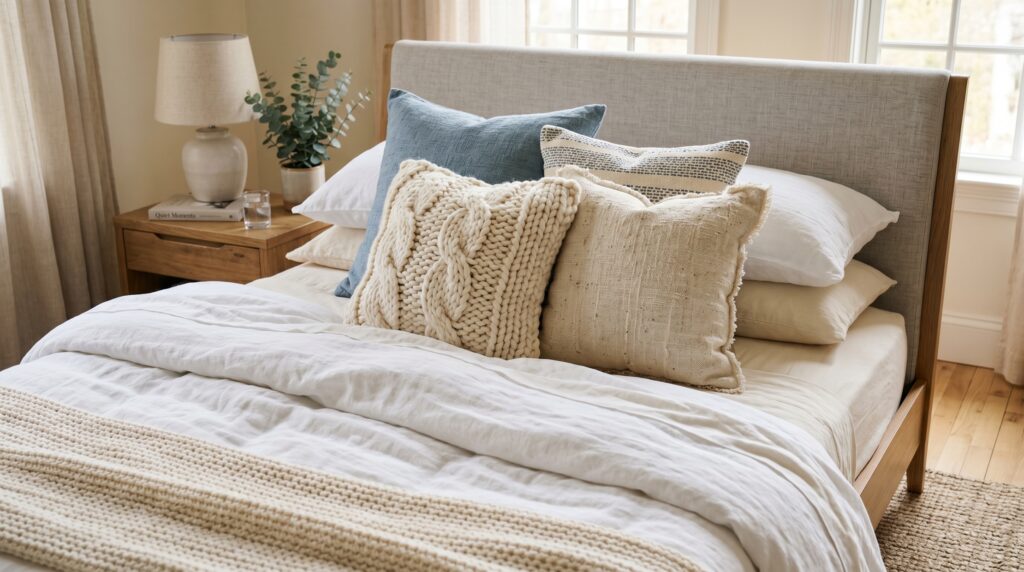 Stack of textured pillows including chunky cream knit and blue linen on a bed with a gray upholstered headboard.