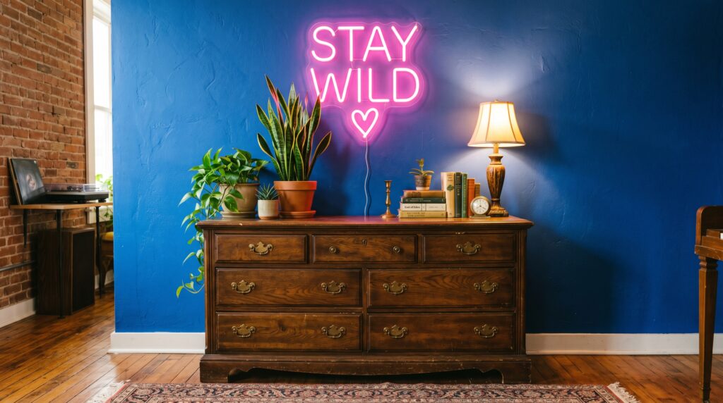 Moody vintage living space featuring a dark blue wall, wooden dresser, potted plants, and a pink Stay Wild neon sign.