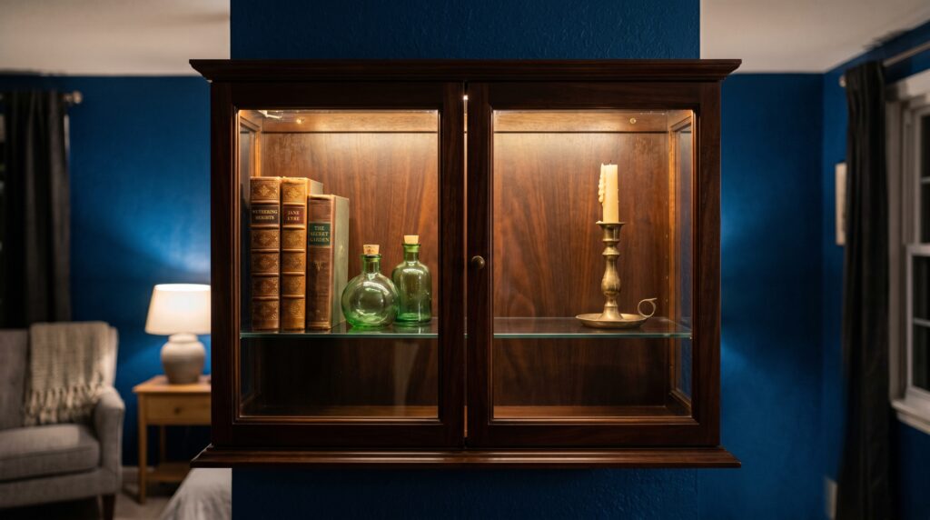 Vintage wood and glass cabinet with antique books and green bottles mounted on a moody dark blue wall.