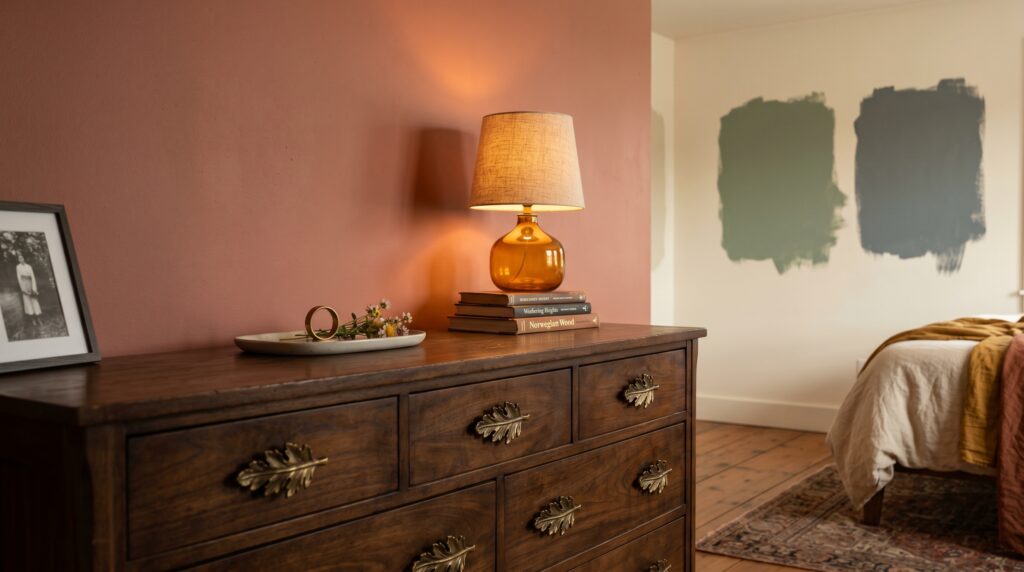 Vintage wooden dresser with brass leaf pulls and an amber glass lamp against a warm terracotta wall.