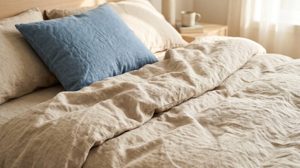 Textured washed linen bedding featuring a beige duvet and blue accent pillow in a cozy neutral bedroom.