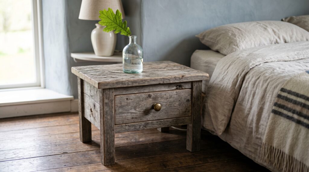Weathered gray wood nightstand in a rustic coastal bedroom with linen bedding and a simple glass vase with a green leaf.