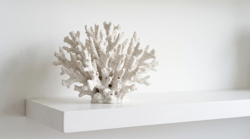 White faux coral sculpture on a minimalist floating shelf against a white wall for clean coastal home shelf styling.
