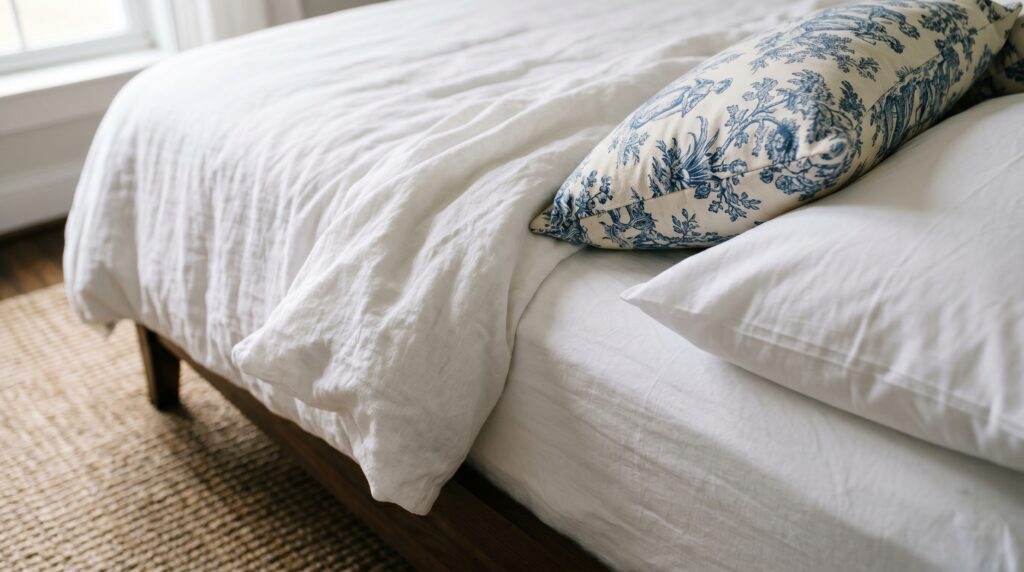 Crisp white linen bedding and a blue and white floral patterned accent pillow on a wooden bed over a woven jute rug.