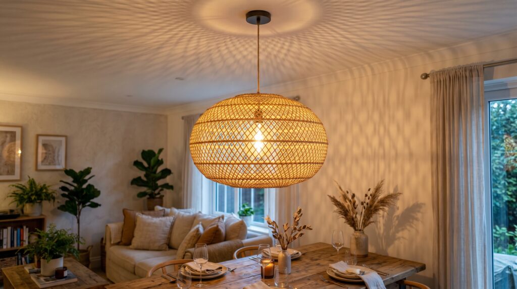 Large woven rattan pendant light over a wooden dining table casting geometric shadows in a warm coastal dining room.