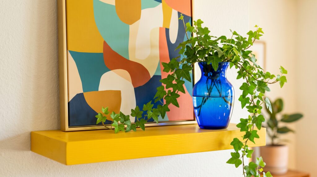 Modern interior detail of a bright yellow floating shelf displaying a blue glass vase with trailing ivy and abstract art.