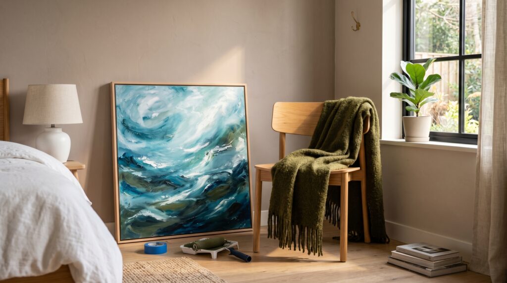 Abstract blue ocean painting resting on a bedroom floor next to a wooden chair, green throw blanket, and decorating supplies.