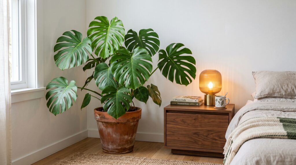 Large indoor Monstera plant in a terracotta pot styled next to a wooden nightstand and glowing lamp in a cozy bedroom.