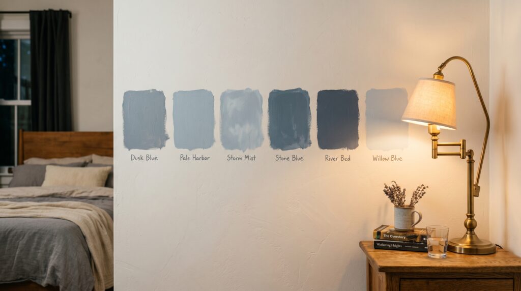 Blue paint color swatches tested on a white bedroom wall next to a wooden nightstand and brass lamp for interior design.