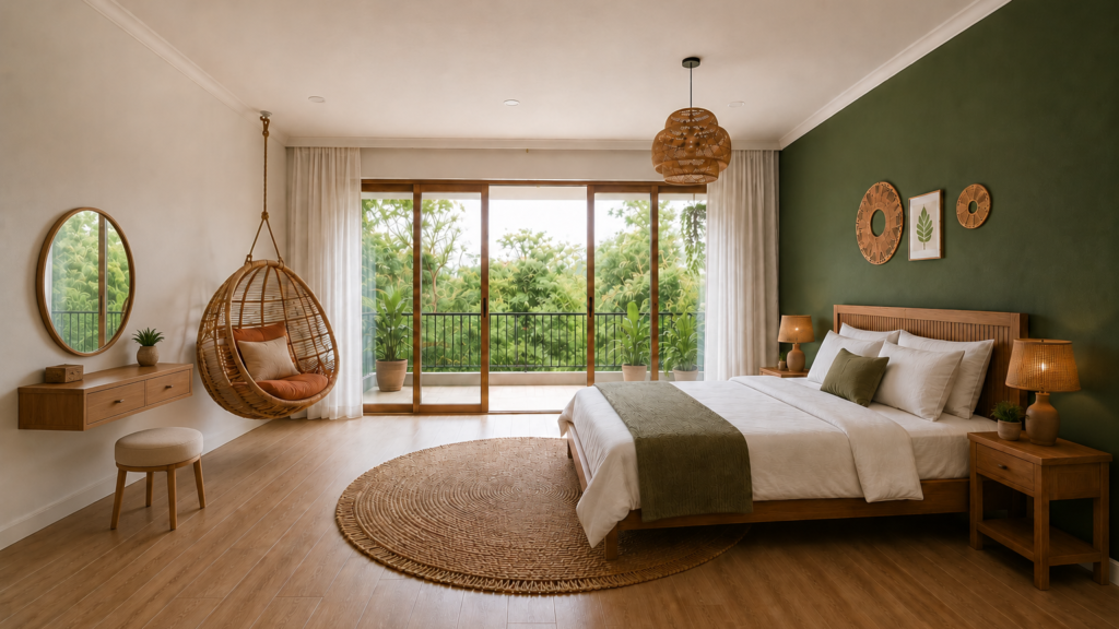 Boho biophilic bedroom featuring a green accent wall, hanging rattan chair, and large balcony doors.