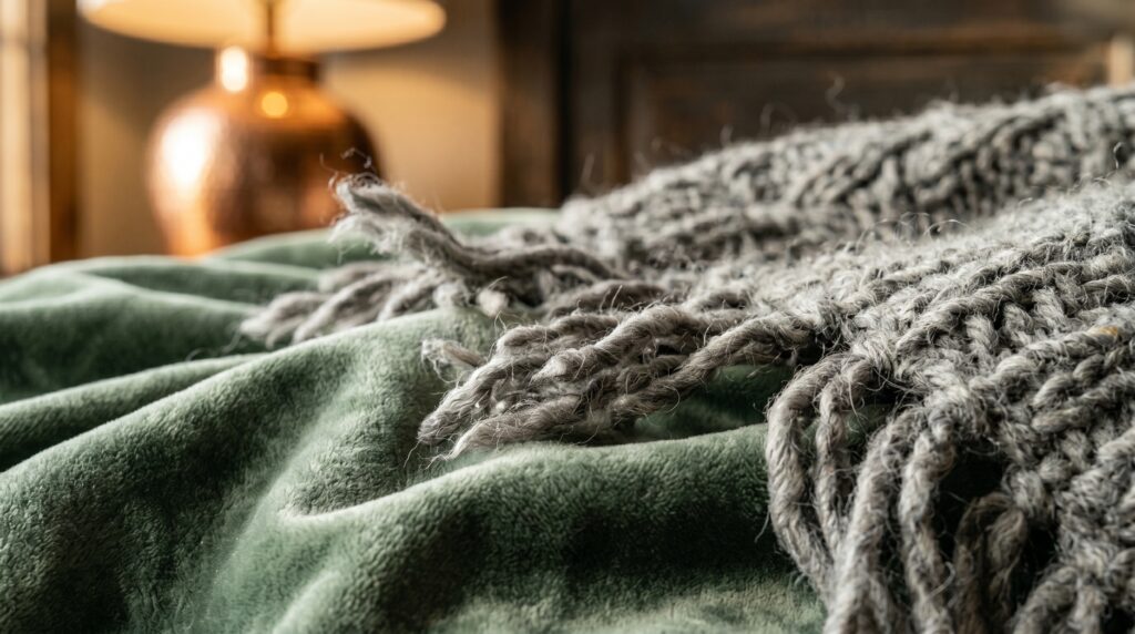 Cozy close-up of a chunky grey knit fringed throw blanket draped softly over rich sage green velvet bedding.