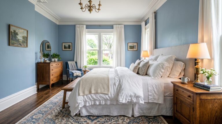 Classic traditional primary bedroom with light blue walls, white bedding, antique wood furniture, and a vintage area rug.