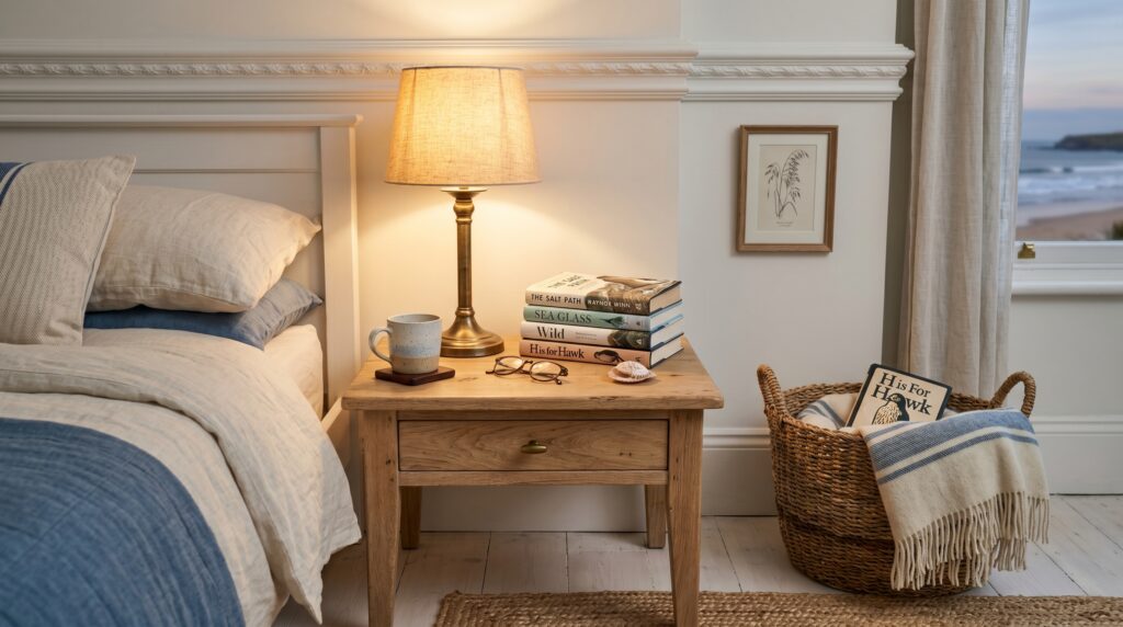 Wooden nightstand in a coastal bedroom topped with a brass lamp, books, and a mug beside a window with ocean views.
