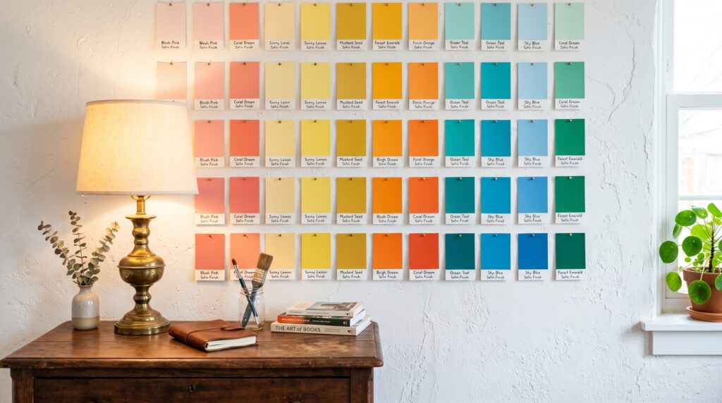 Organized colorful paint swatches on a wall above a vintage wooden desk with a brass lamp in a creative workspace.