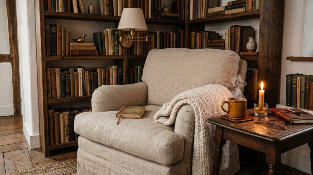 Traditional cozy reading corner with a linen armchair, knit throw, antique wooden bookshelves, and a lit taper candle.