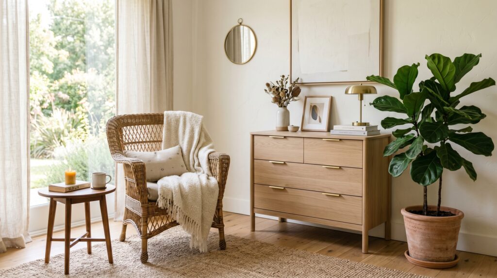 Cozy reading nook with neutral decor featuring a wicker armchair, light wood dresser, and a potted plant by a sunny window.