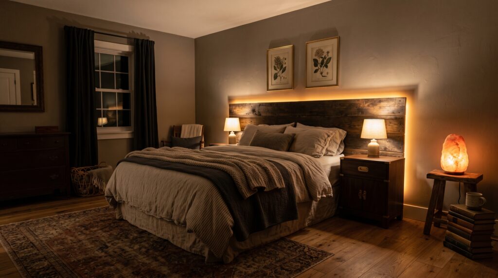 Cozy Rustic Bedroom Backlit Wood Headboard