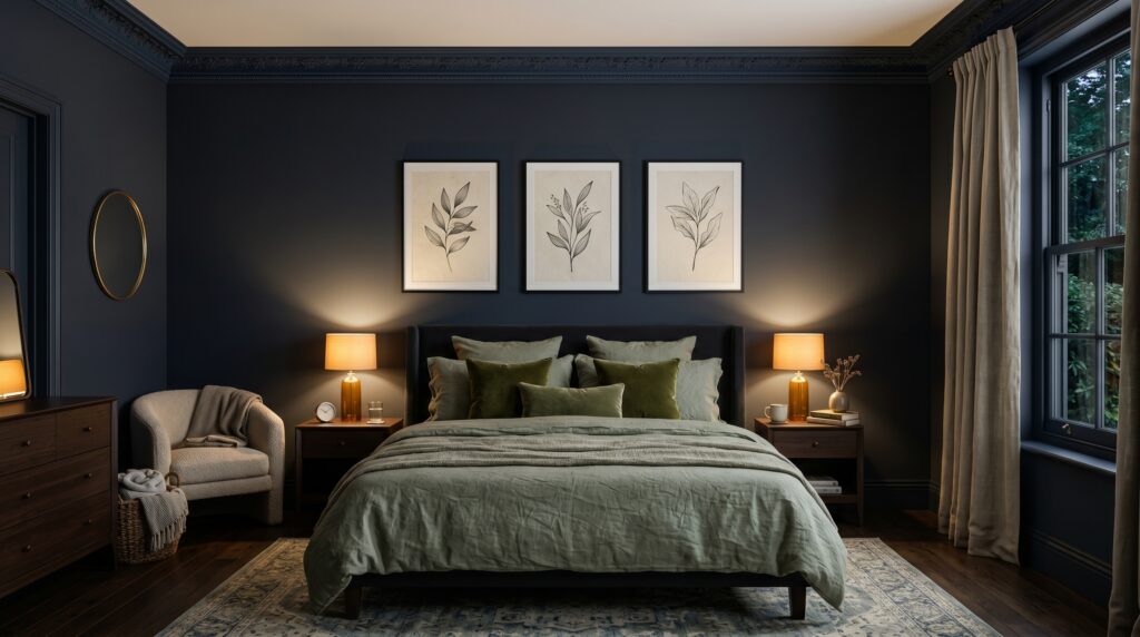 Transitional dark blue bedroom showcasing sage green bedding, botanical wall art, and a cozy armchair with warm lamps.