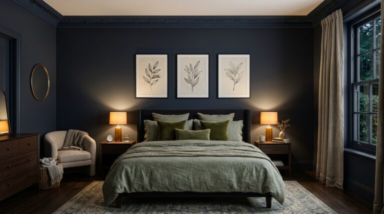 Transitional dark blue bedroom showcasing sage green bedding, botanical wall art, and a cozy armchair with warm lamps.