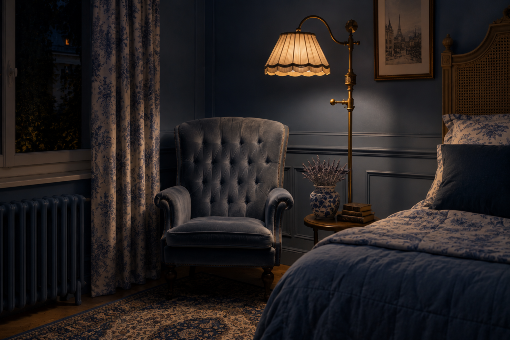 Moody traditional bedroom reading nook featuring a blue velvet tufted armchair, brass floor lamp, and floral curtains.
