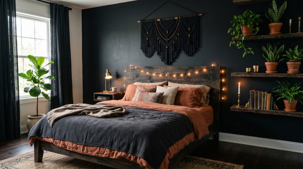 Cozy rustic bedroom with a glowing backlit wood headboard, layered neutral bedding, botanical art, and a warm salt lamp.