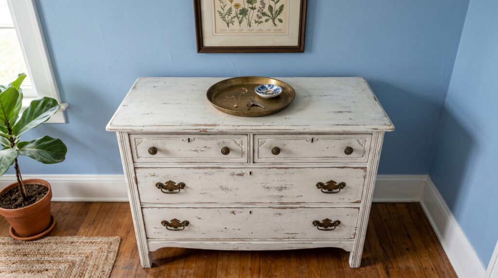 Rustic farmhouse white distressed dresser with a brass catchall tray and botanical art against a light blue wall.