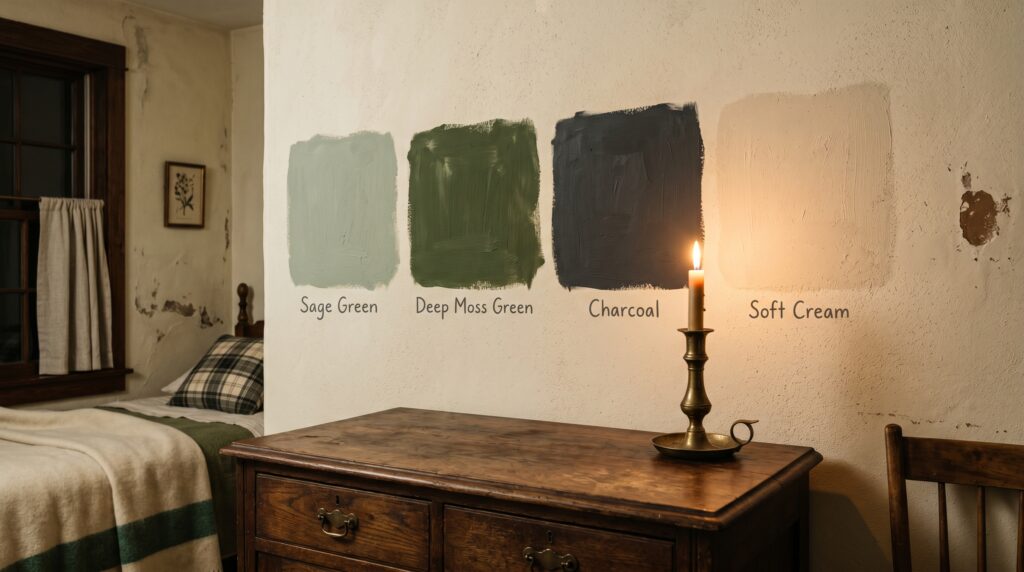 Earthy paint swatches in sage green, moss green, charcoal, and cream on a textured wall above an antique wooden dresser.
