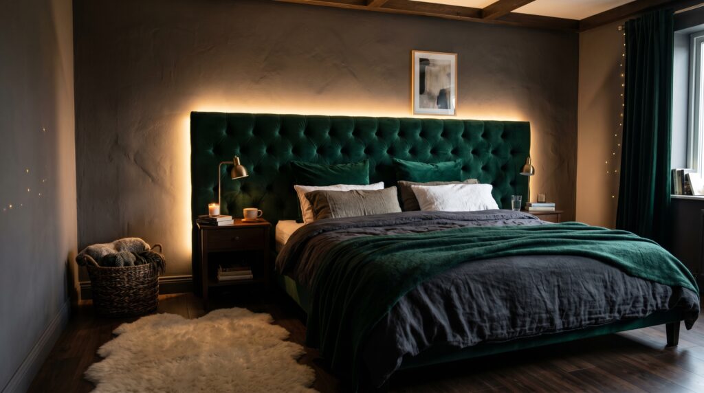 Moody modern bedroom featuring an emerald green tufted velvet headboard and dark bedding illuminated by warm backlighting.