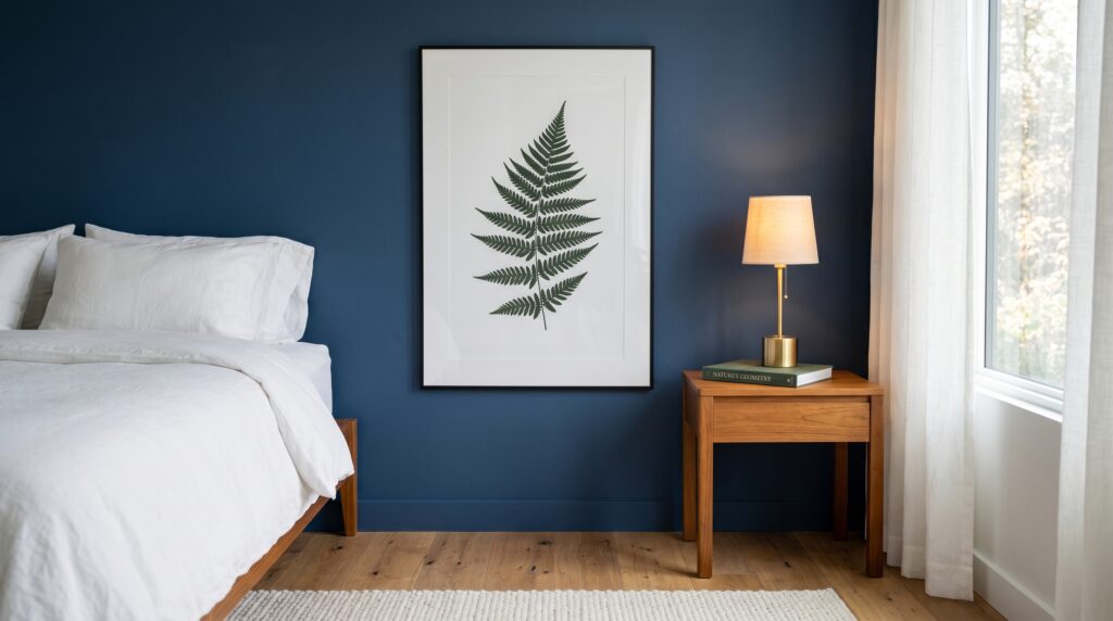 Modern minimalist bedroom corner displaying a large framed fern botanical print on a navy blue wall over a wood nightstand.