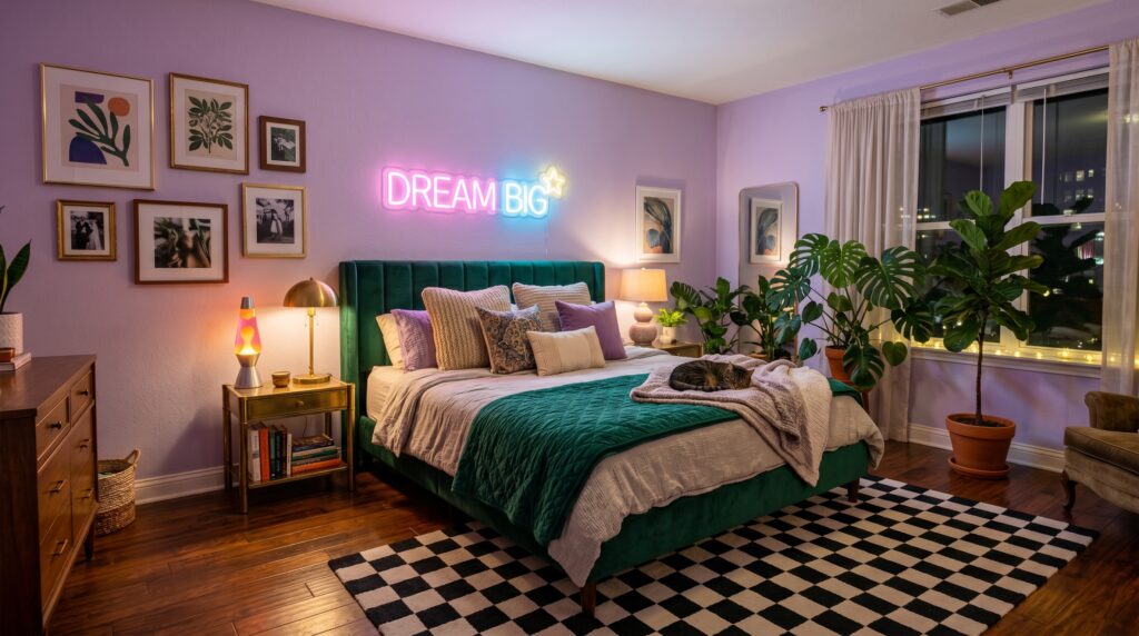 Retro eclectic green velvet bed, DREAM BIG neon sign, and checkered rug in a light purple bedroom.