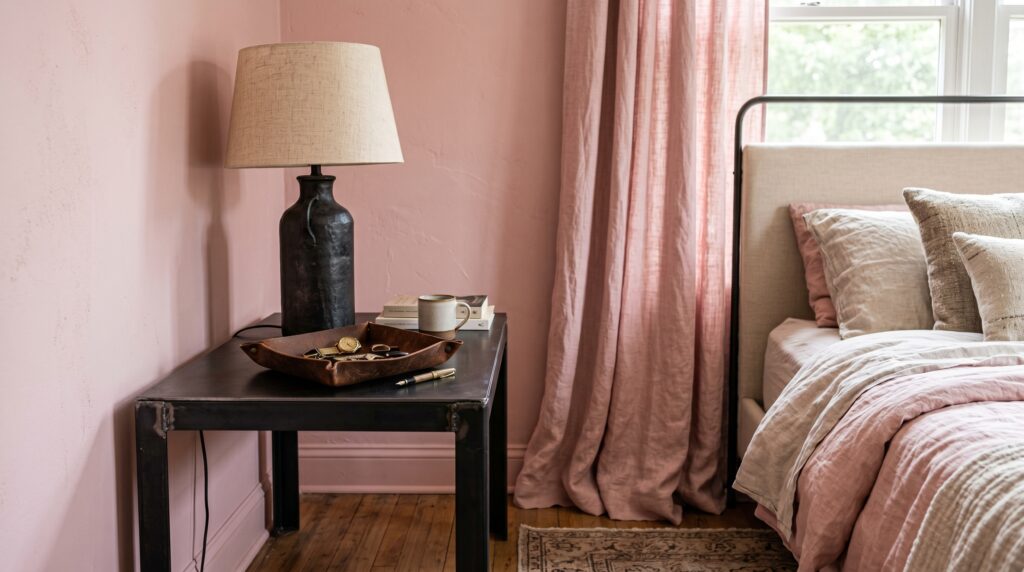Industrial metal nightstand with a rustic black lamp and leather tray beside a bed with draped pink linen curtains.