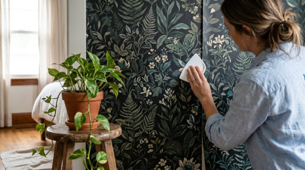 Woman installing dark green botanical print wallpaper using a smoothing tool in a bright bedroom interior.