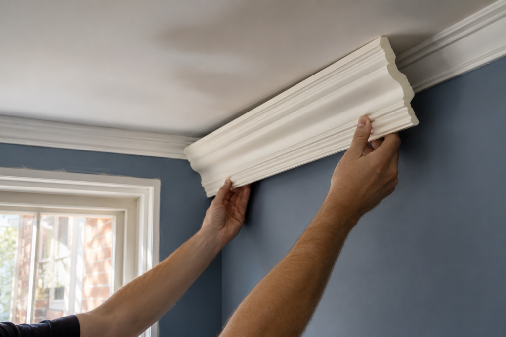 DIY home improvement showing hands installing white crown molding trim against a blue bedroom wall during a renovation.