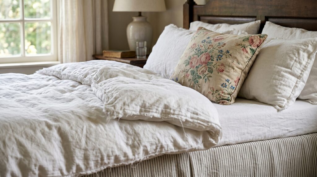 Cozy vintage farmhouse bed styling featuring a rumpled white linen duvet, striped bedskirt, and a floral accent pillow.