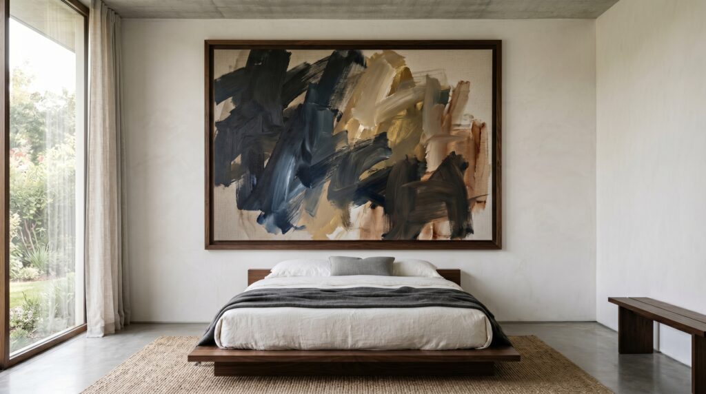 Minimalist bedroom featuring a low wooden platform bed beneath a massive abstract canvas painting near a large bright window.