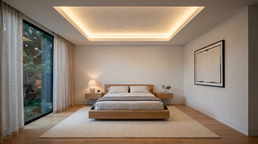 Bright minimalist bedroom featuring a lit tray ceiling, neutral platform bed, and large glass sliding doors facing a garden.