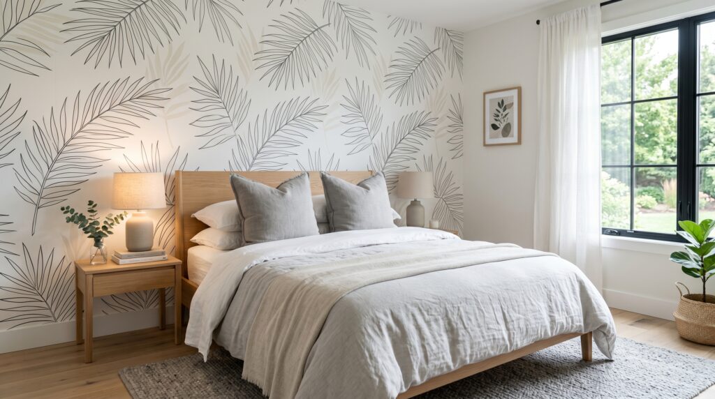 Bright contemporary bedroom featuring minimalist palm leaf outline wallpaper, a light wood bed, and grey bedding.