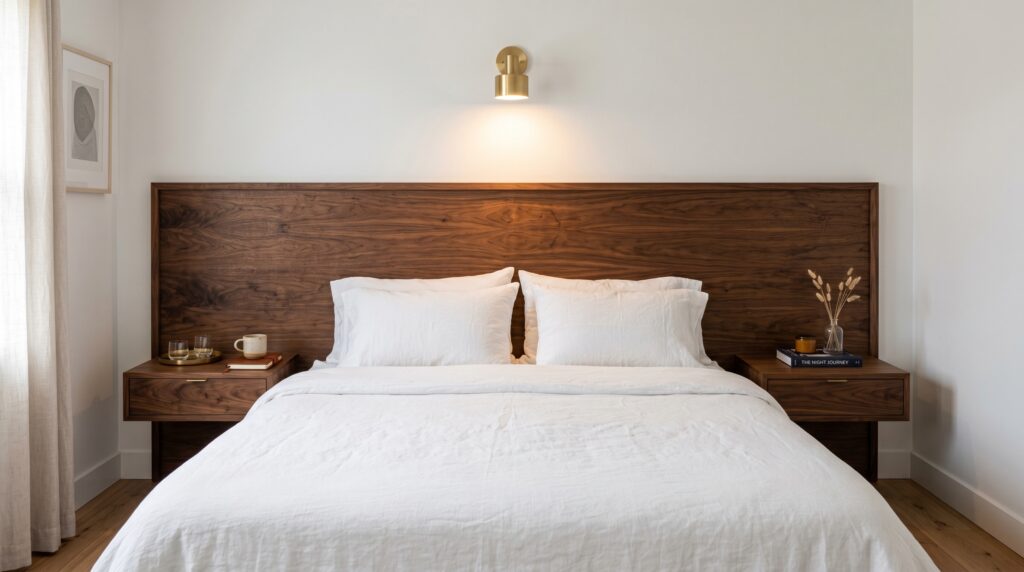Minimalist white bedroom with a custom walnut wood extended headboard, built-in nightstands, and a single brass wall sconce.