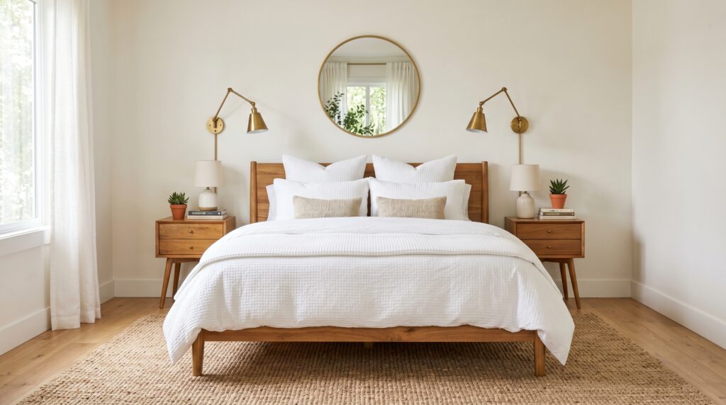 Minimalist wooden bed with crisp white bedding, brass wall sconces, and a round gold mirror in a bright bedroom.