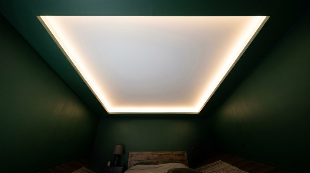 Modern bedroom interior featuring dark green walls and a striking illuminated tray ceiling design with hidden warm lighting.